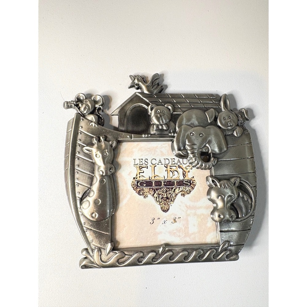 Elby Gifts Noah's Ark Pewter Style 3x3 Picture Frame Silver Baby Nursery Decor